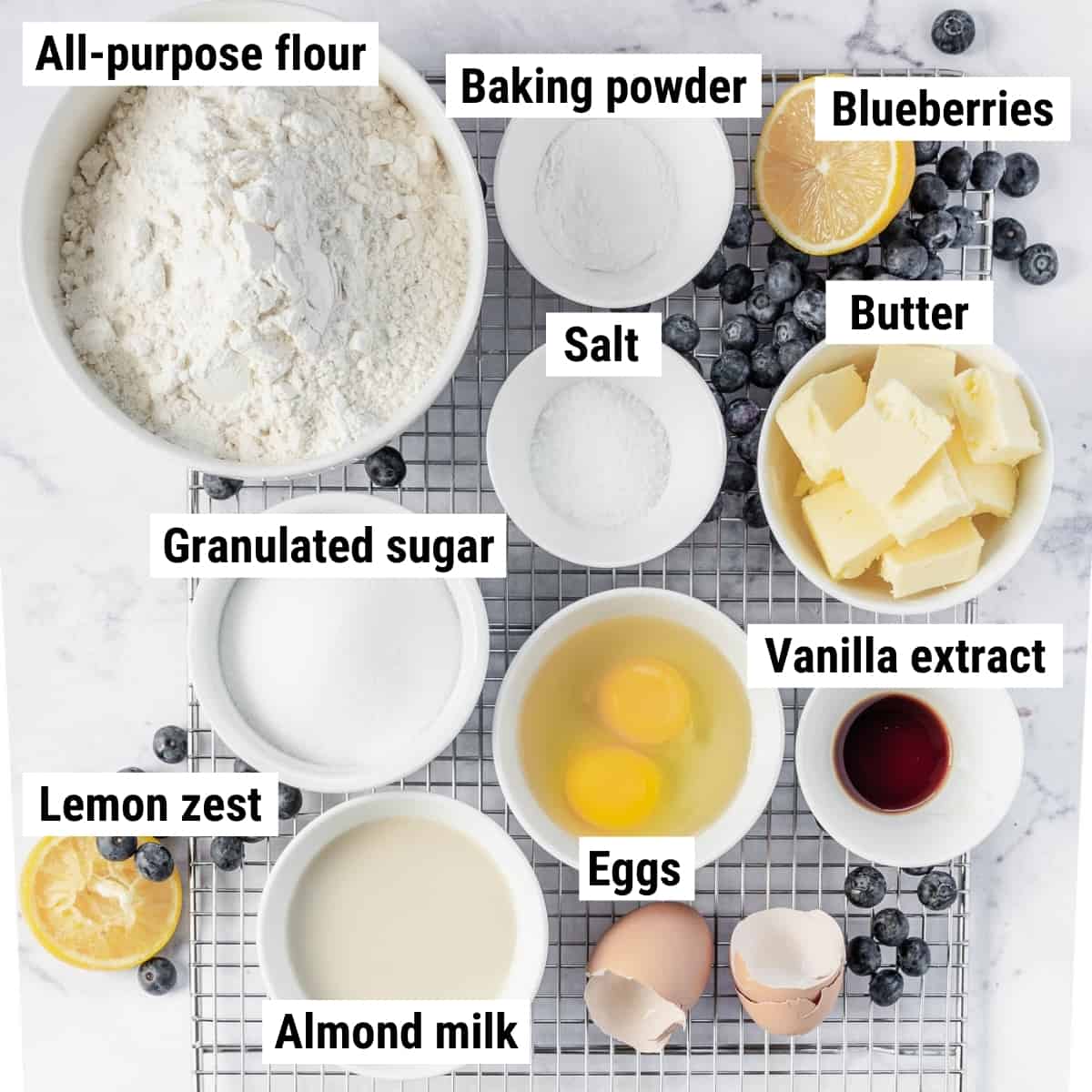 The ingredients to make lemon blueberry cookies.
