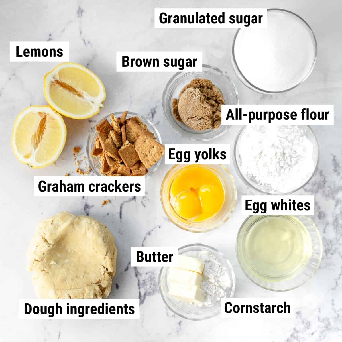 The ingredients to make lemon crunch pie laid out on a table.