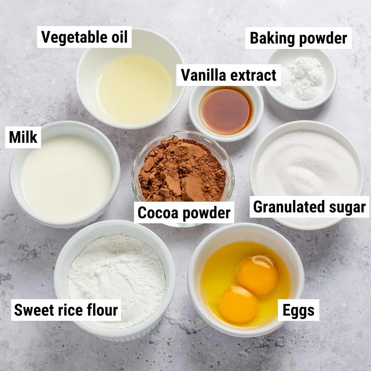 The ingredients used to make mochi brownies laid out on a table.