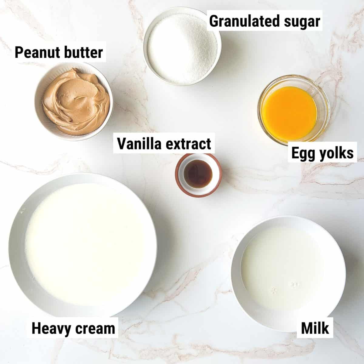 The recipe ingredients used to make peanut butter ice cream spread out on a table.