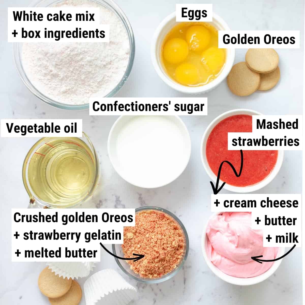 The ingredients to make strawberry crunch cupcakes.
