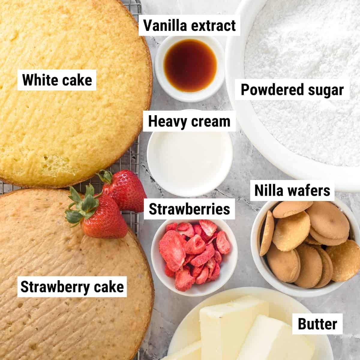 The ingredients for strawberry crunch cake laid out on a table.