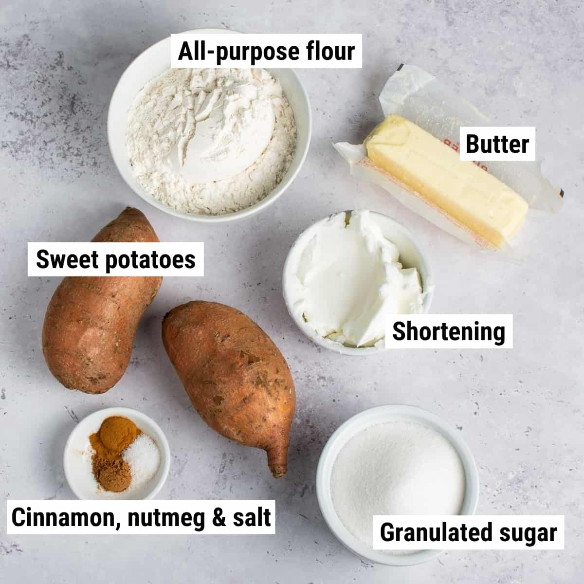The ingredients used to make sweet potato cobbler laid out on a table.