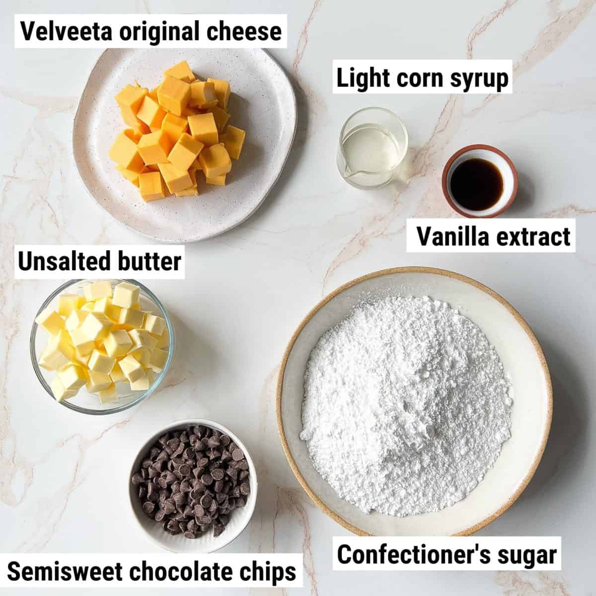 The ingredients used to make Velveeta fudge spread out on a table.
