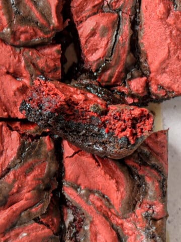 A red velvet brownie up close.