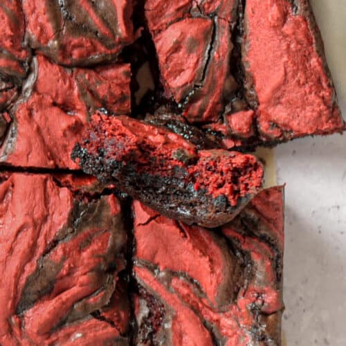 A red velvet brownie up close.