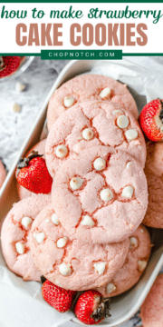 Several strawberry cake cookies in a dish.