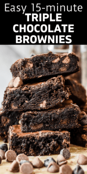 Triple chocolate brownies in a stack ready to eat.
