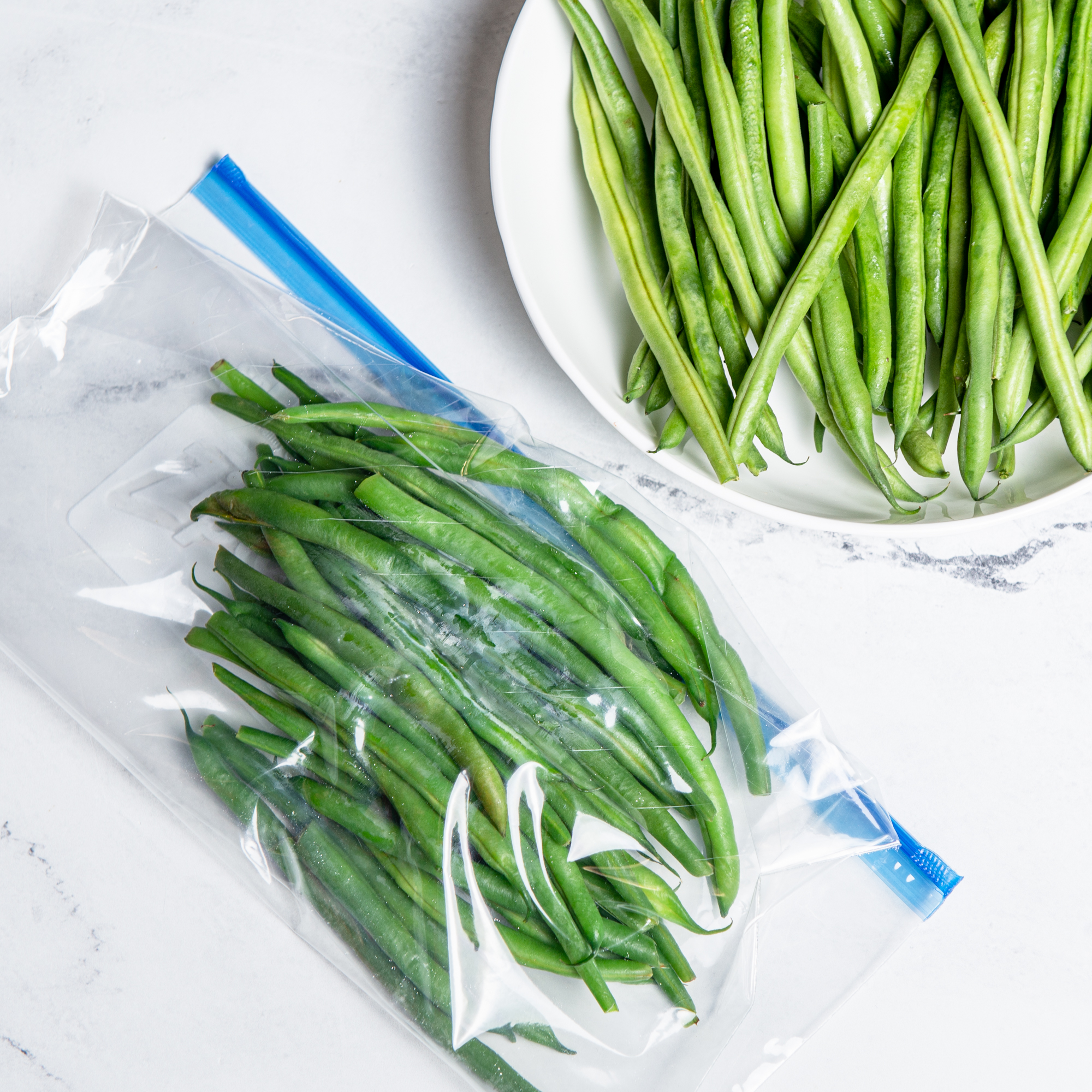 Blanched green beans in bag for freezing.