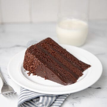 Chocolate cake on a white plate.
