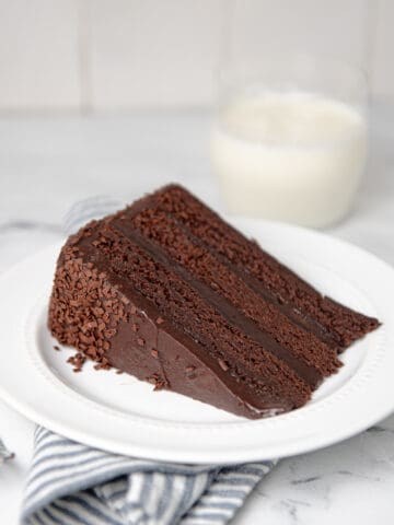 Chocolate cake on a white plate.