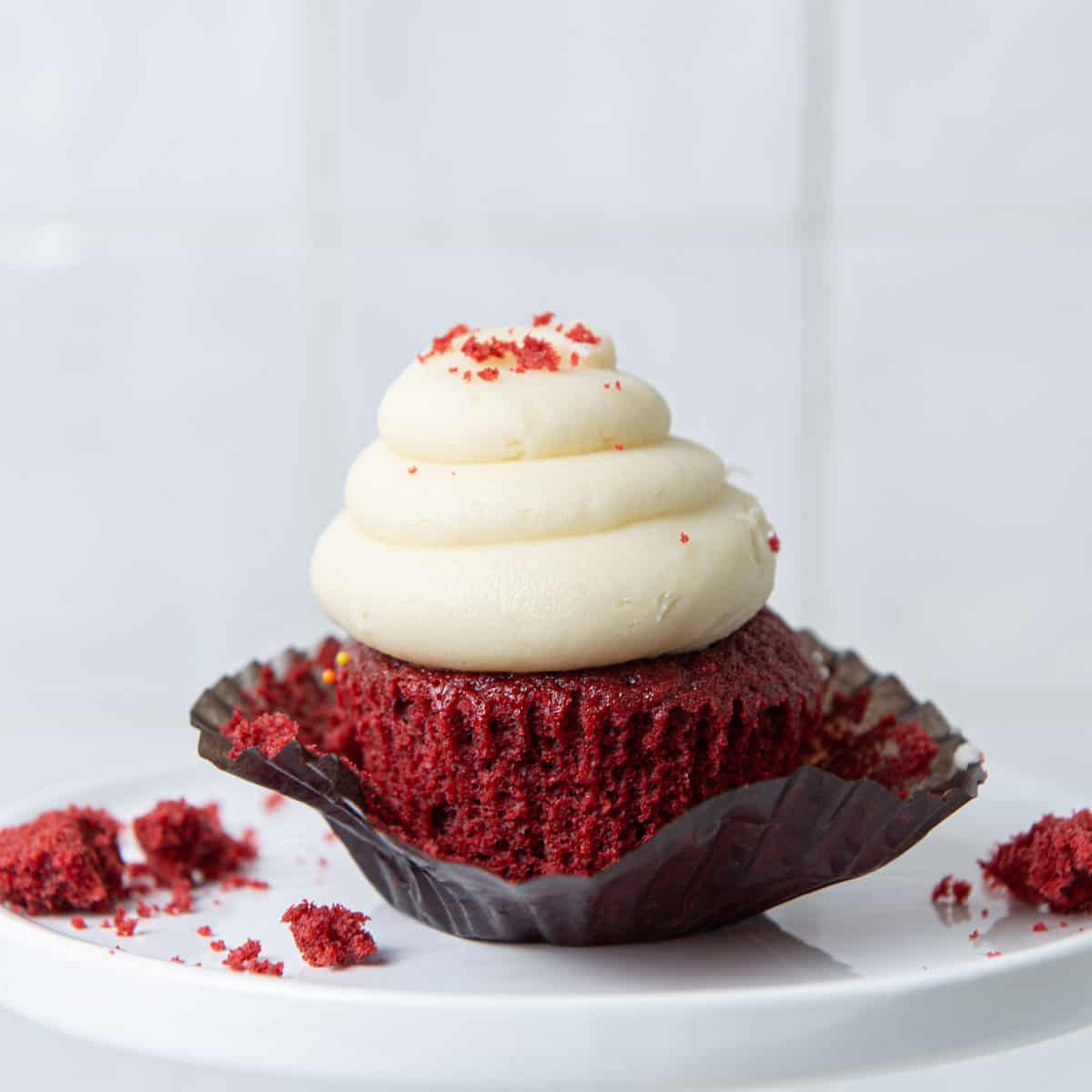 A cupcake on a white plate.
