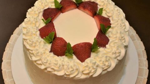 Traditional strawberry shortcake on a plate.