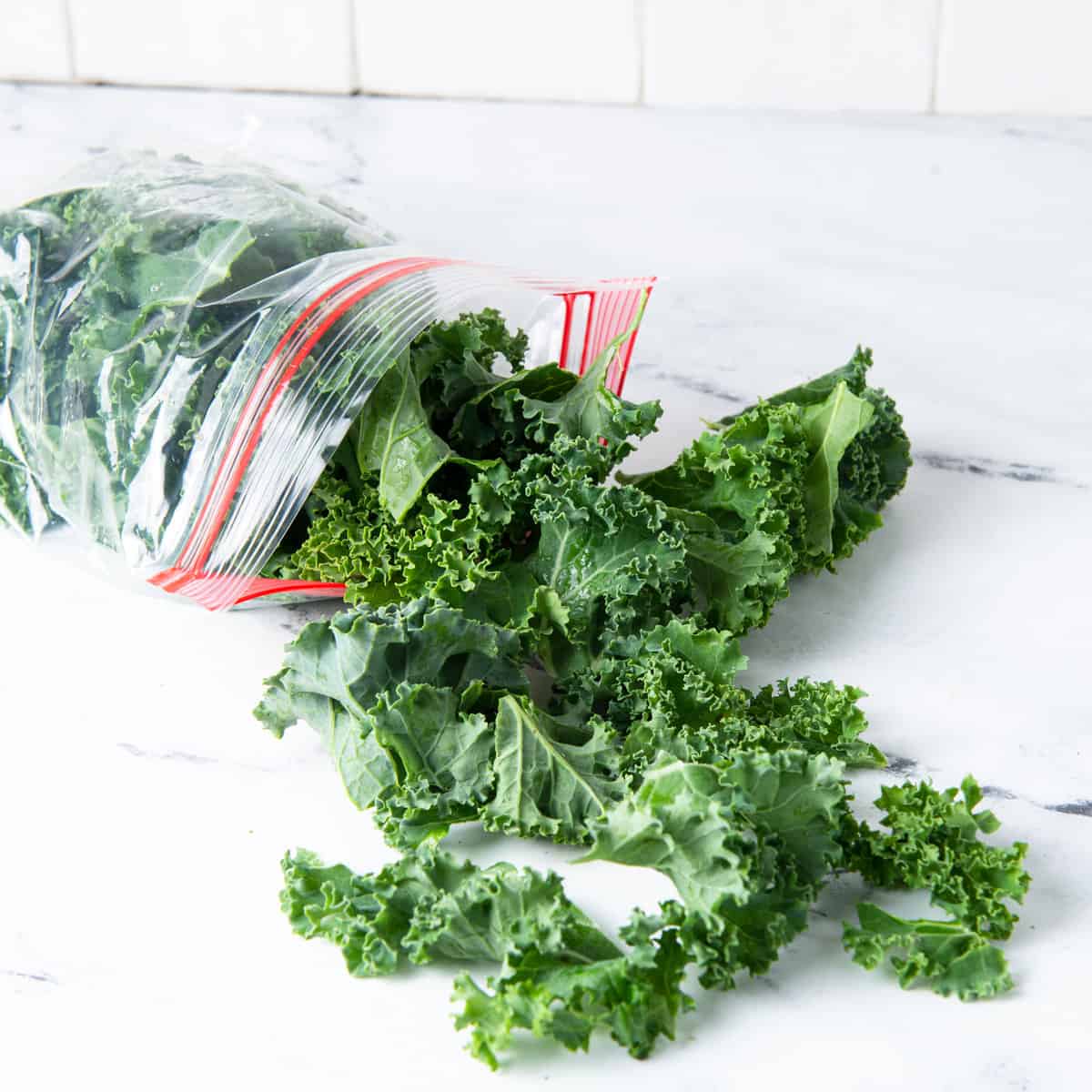 Kale in ziplock bag on a kitchen counter.