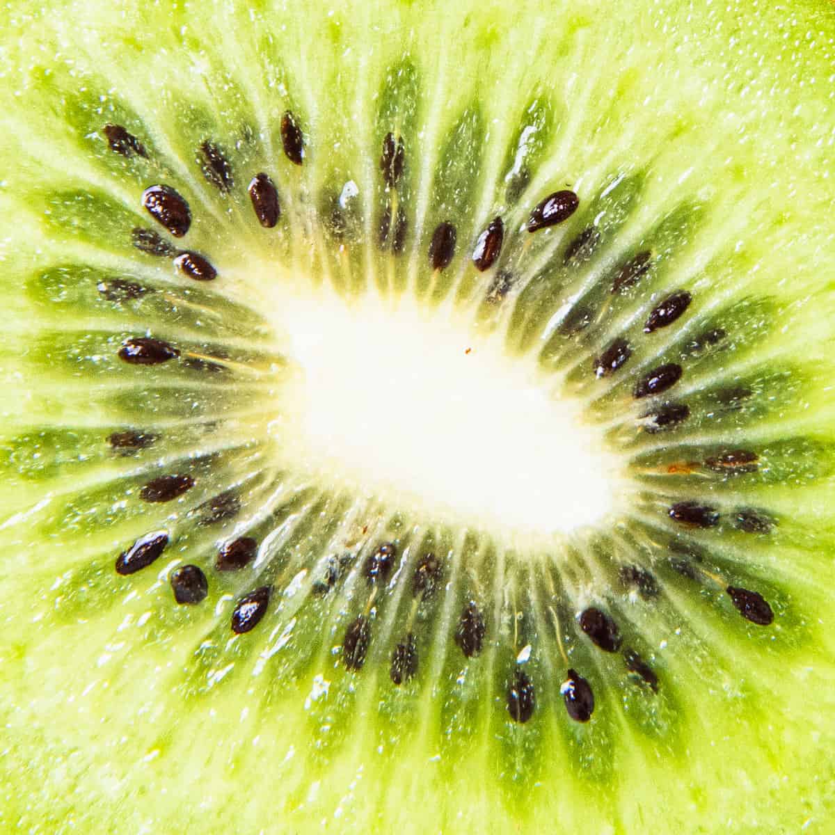 Close up of a kiwi showing the seeds.