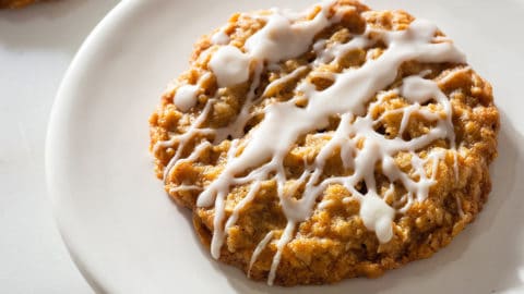 An oatmeal coconut cookie on a plate.