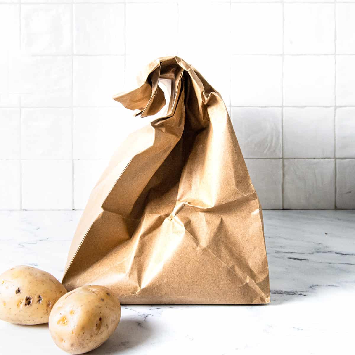 Potatoes in a brown bag with two potatoes next to it.