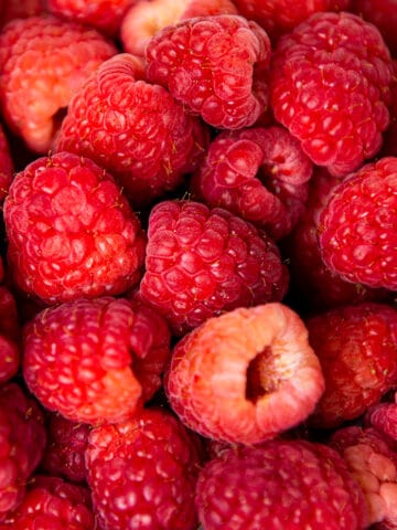 Close up view of raspberries.